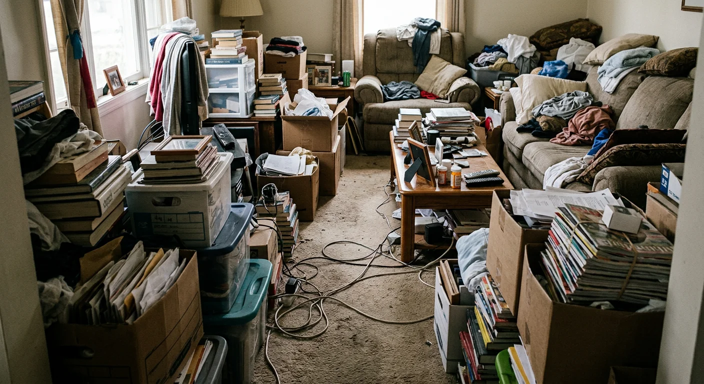 A cluttered living space showing the dangers of hoarding disorder